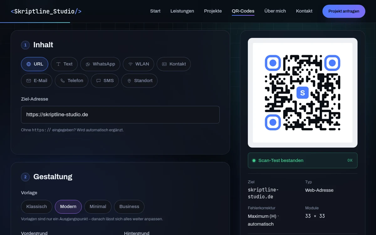 QR-Code-Studio auf skriptline-studio.de: Eingabefelder links, rechts ein fertiger QR-Code mit Logo und der Meldung „Scan-Test bestanden“