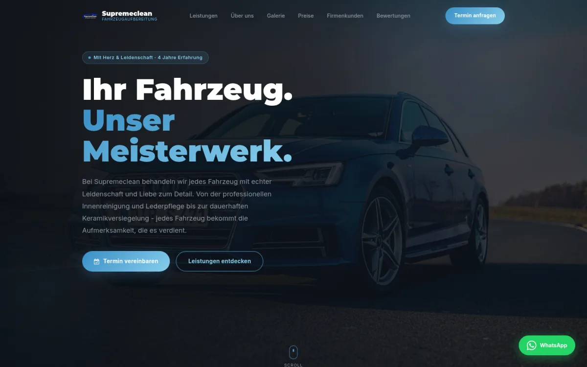 Startseite von supremeclean-heidenau.de: dunkler, auffälliger Startbereich mit Leistungsübersicht der Fahrzeugaufbereitung